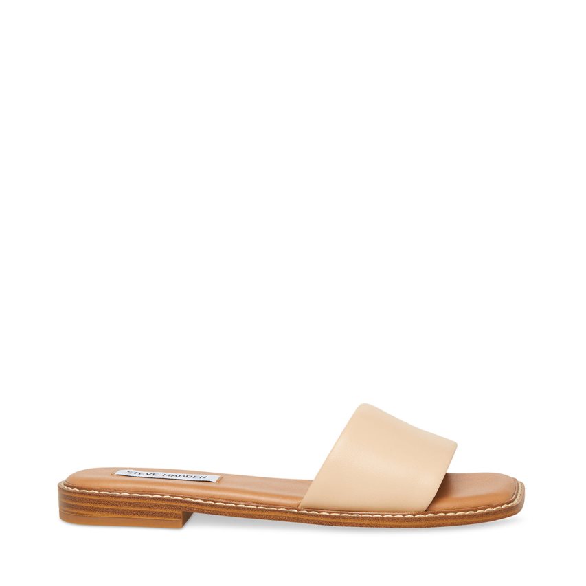 Beige Steve Madden ra Leather Women's Slides | PH 6321VKB